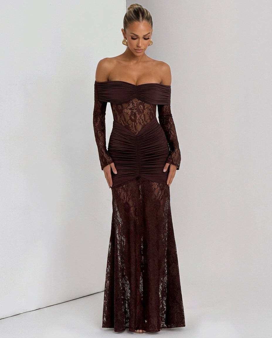 Sabine | Lace Long Sleeve Strapless Maxi Dress