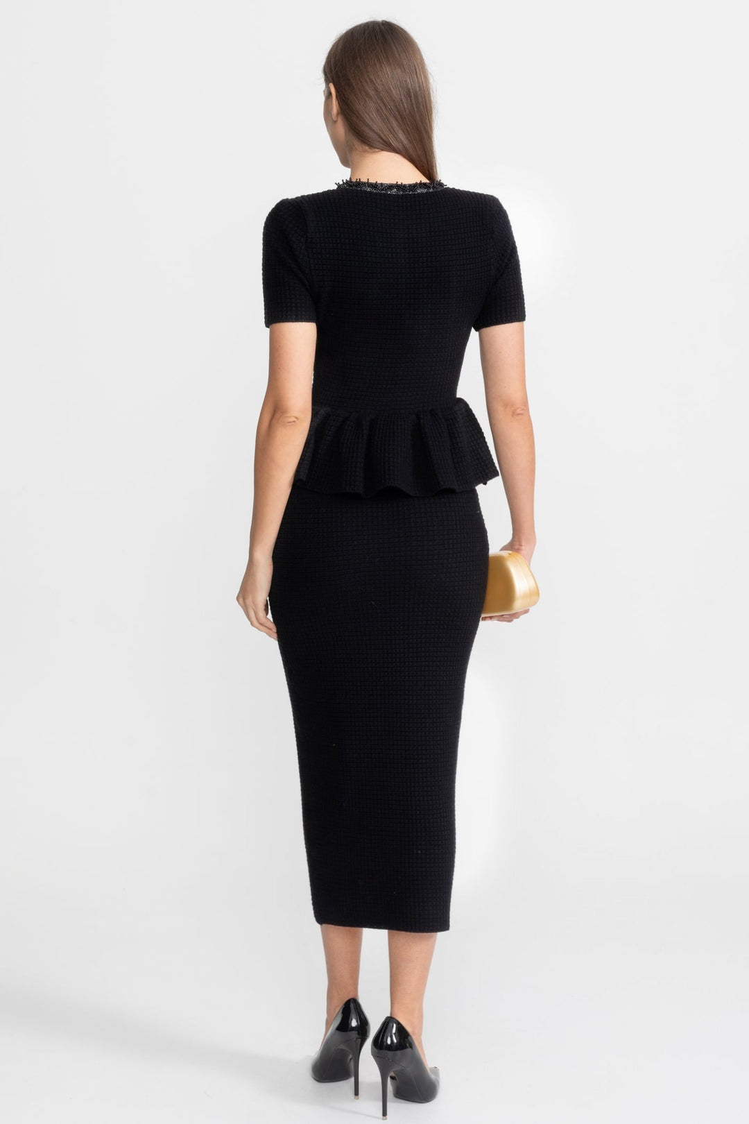 Harlow | Peplum Waist Textured Knit Midi Dress