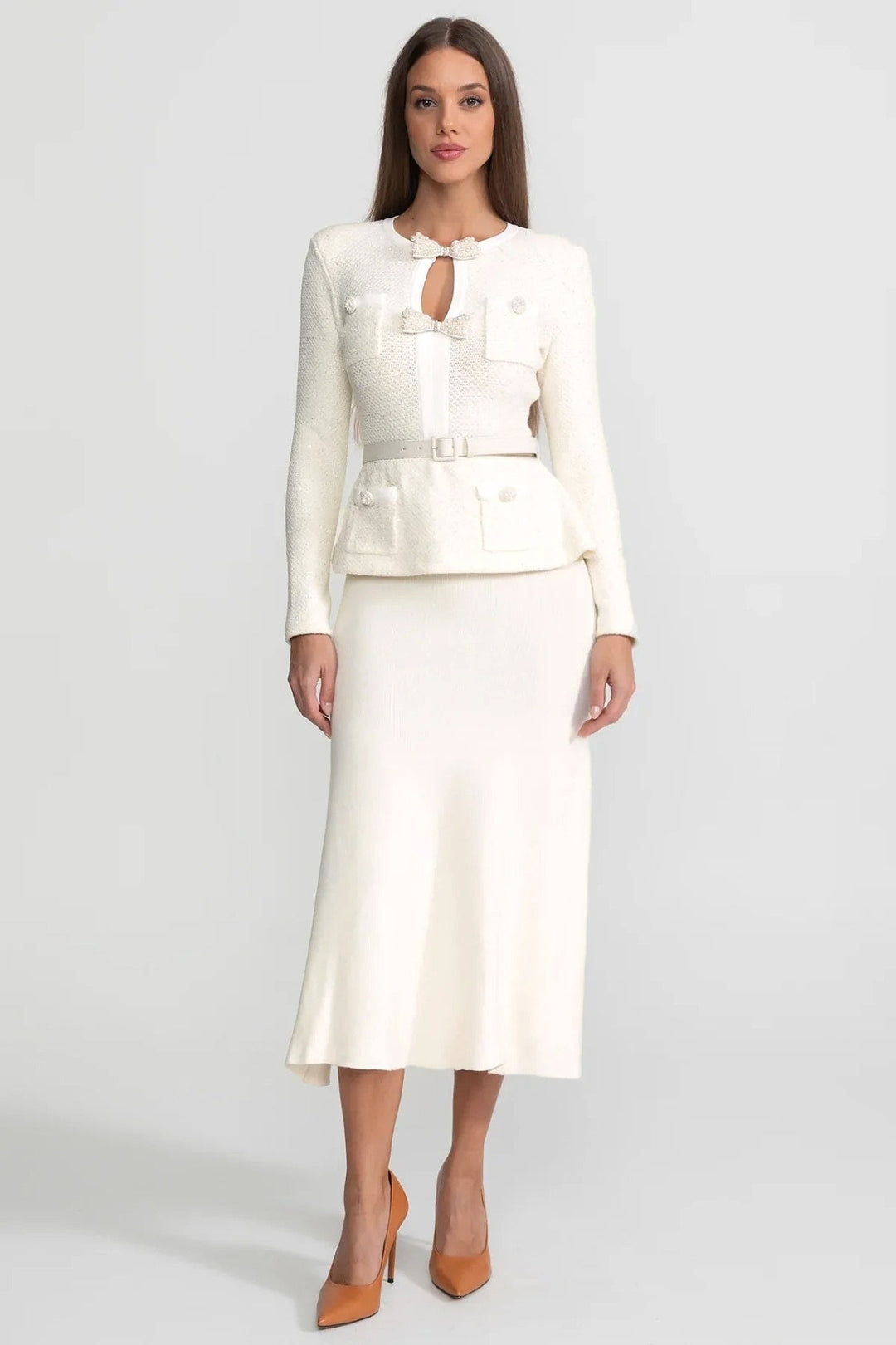 Fleur | Tweed Peplum Knit Midi Dress