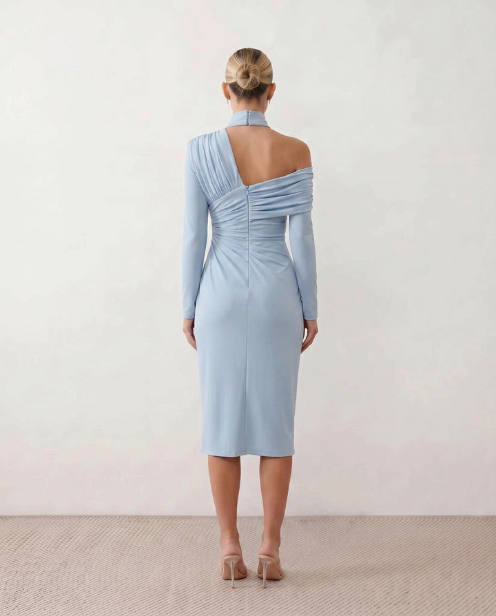 Priya | Asymmetric Neck Open Back Midi Dress