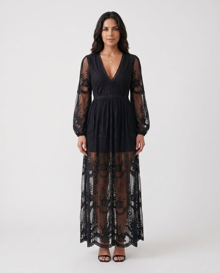 Elin | Lace Plunge Neck Maxi Dress