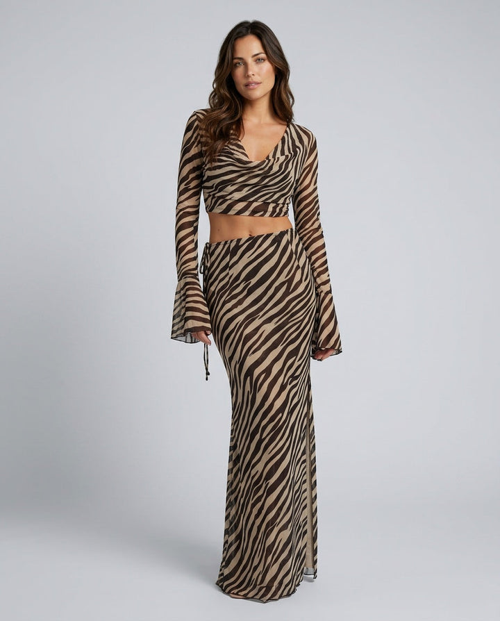 Zivara | Zebra Print Bell Sleeve Mesh Top &amp; Maxi Skirt Set