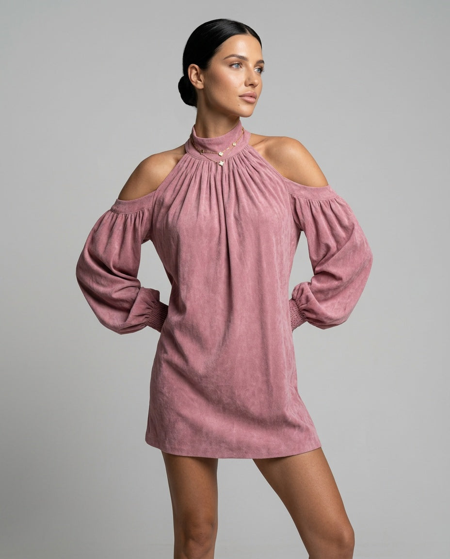 Sienna | Faux Suede Halter Mini with Lantern Sleeves