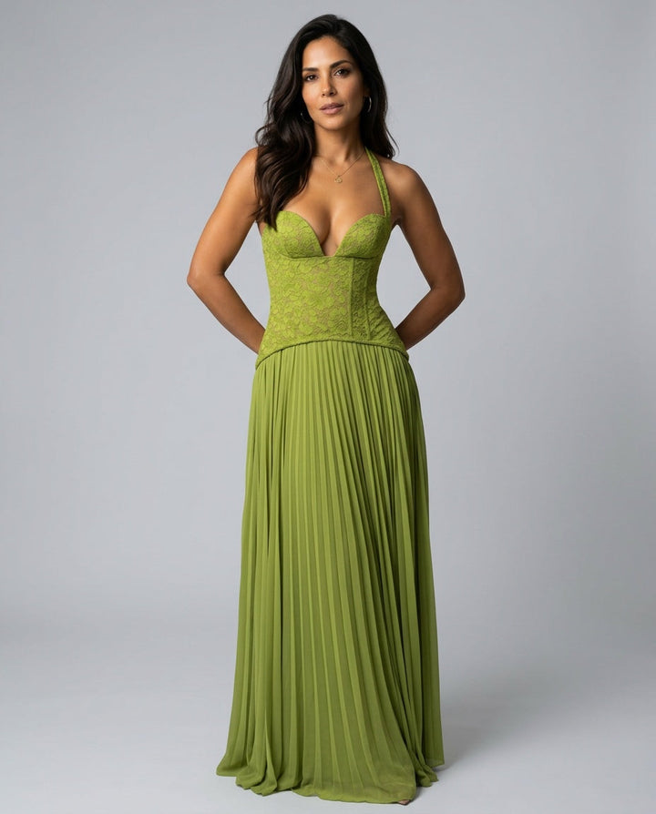 Ottilie | Sweetheart Lace Chiffon Pleated Maxi Dress