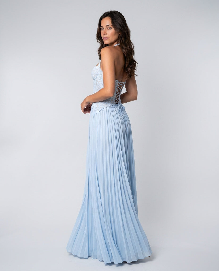 Ottilie | Sweetheart Lace Chiffon Pleated Maxi Dress