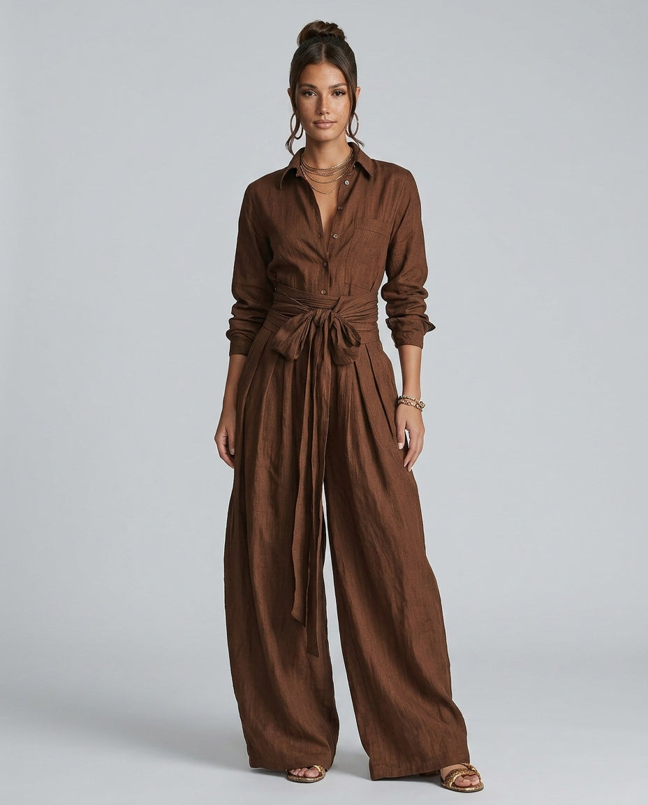 Marlowe | Long-Sleeve Shirt Collar Jumpsuit With Belt