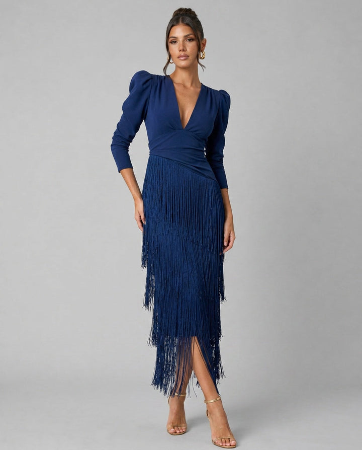 Vera | Fringe Detail Long Sleeve Maxi Dress