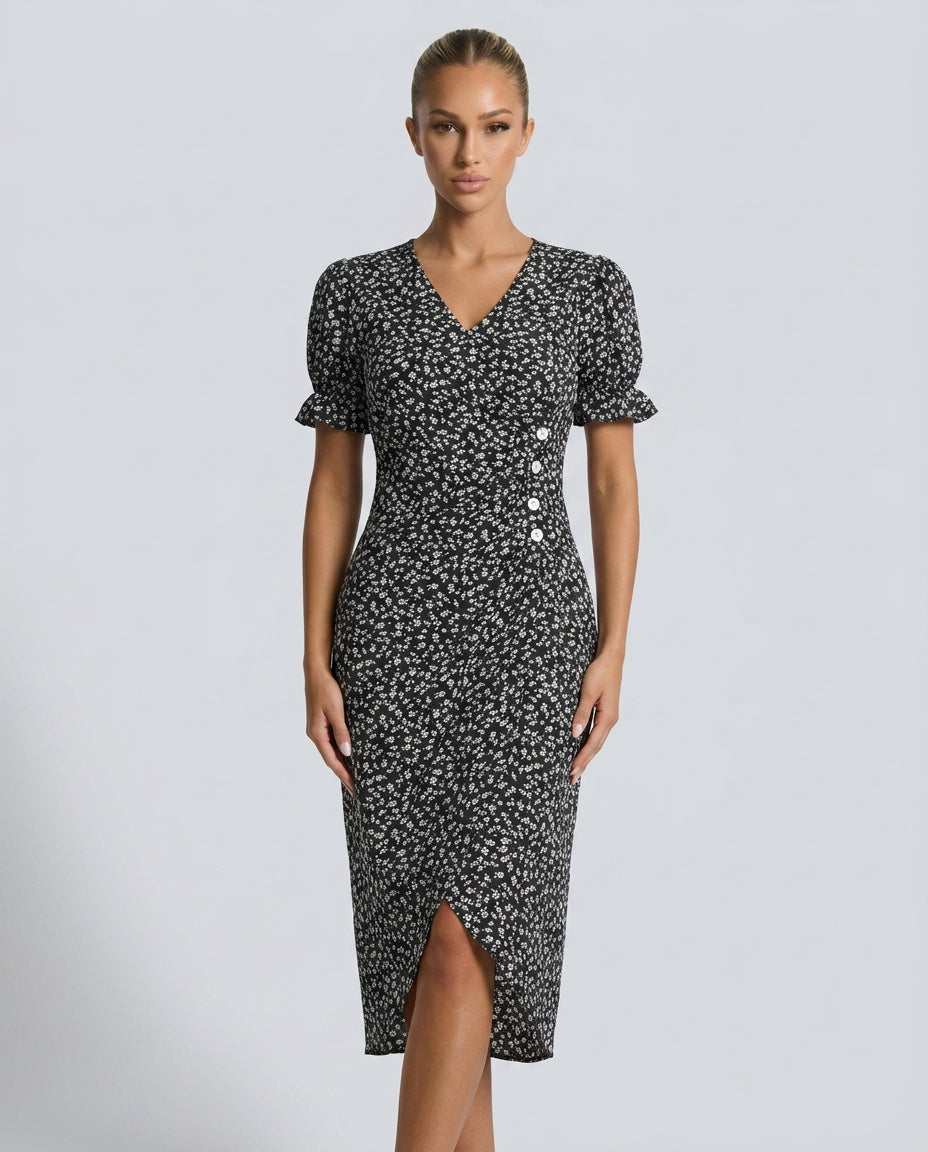 Nina | Floral Ruffle Sleeve Midi Wrap Dress