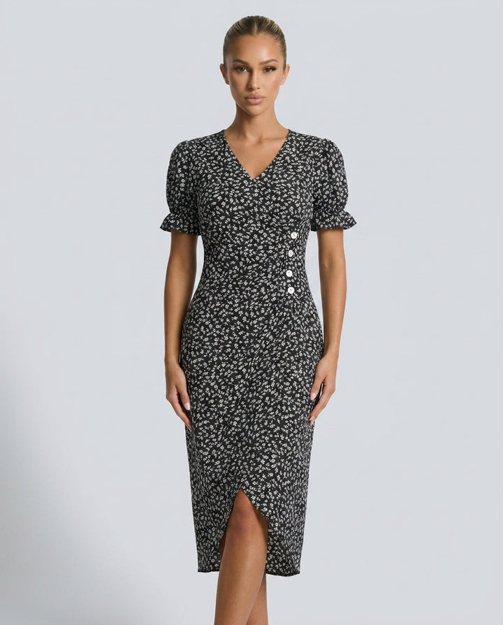 Nina | Floral Ruffle Sleeve Midi Wrap Dress