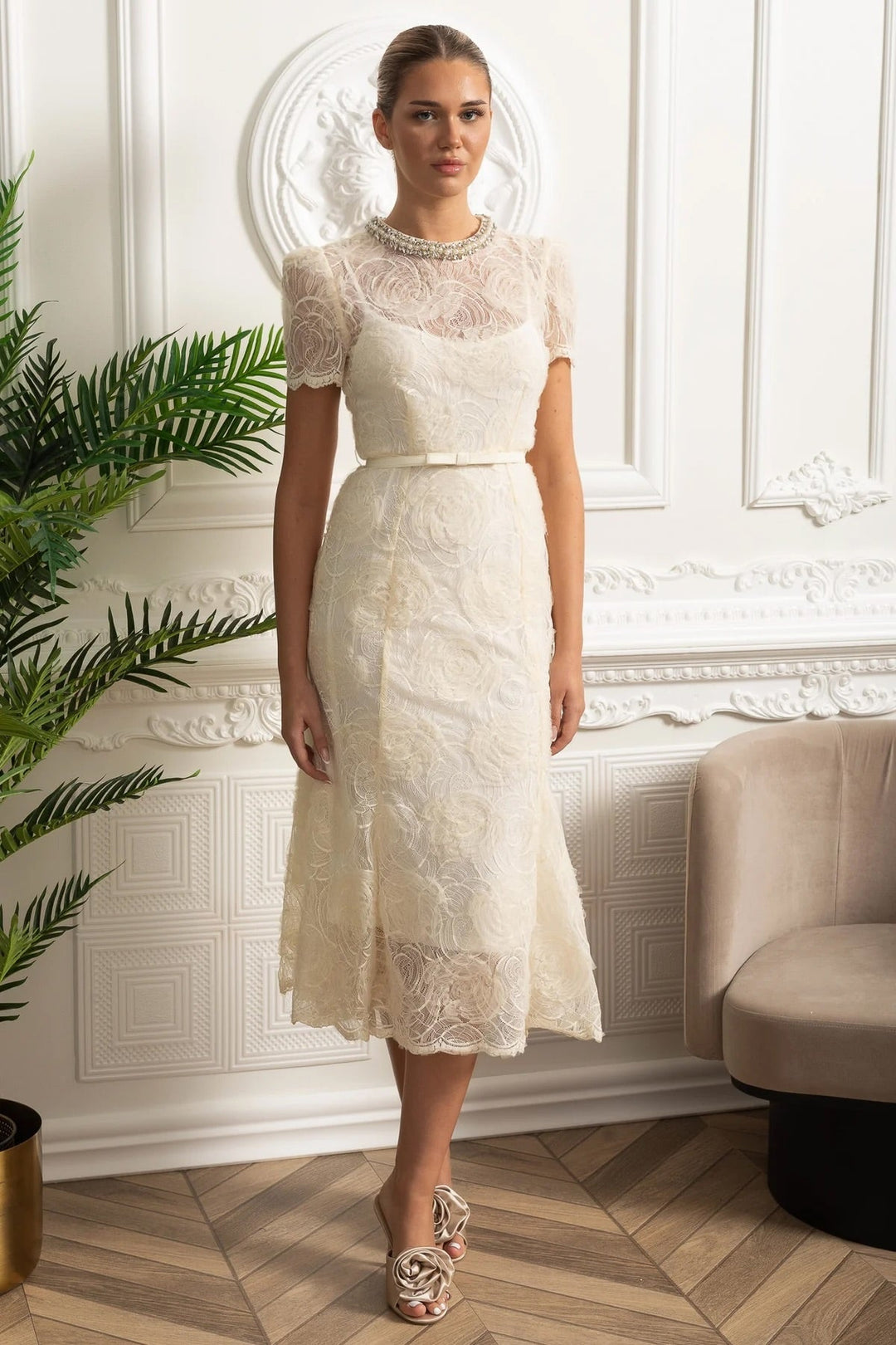 Priya | Short Sleeve Lace Belted Midi Dress