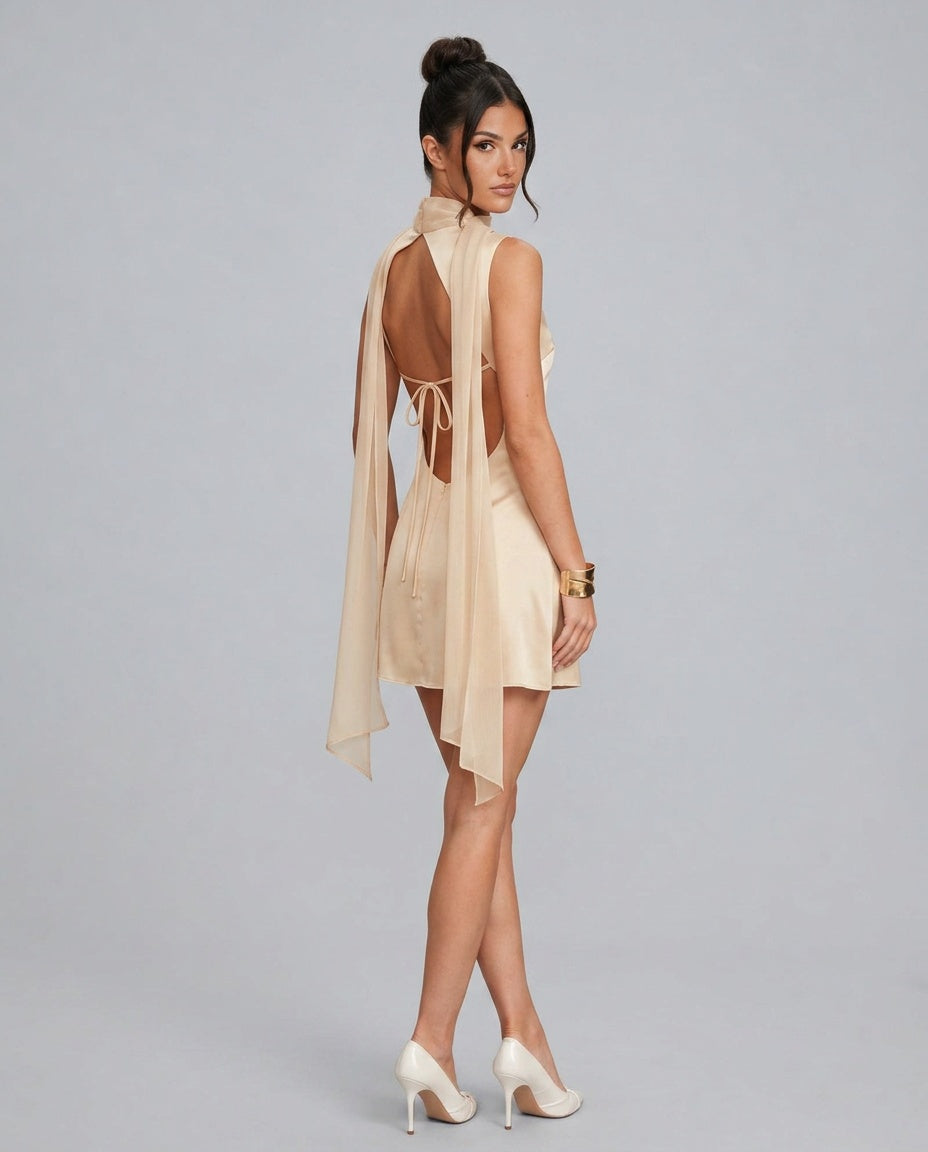 Maeve | Boat Neck Satin Mini Dress