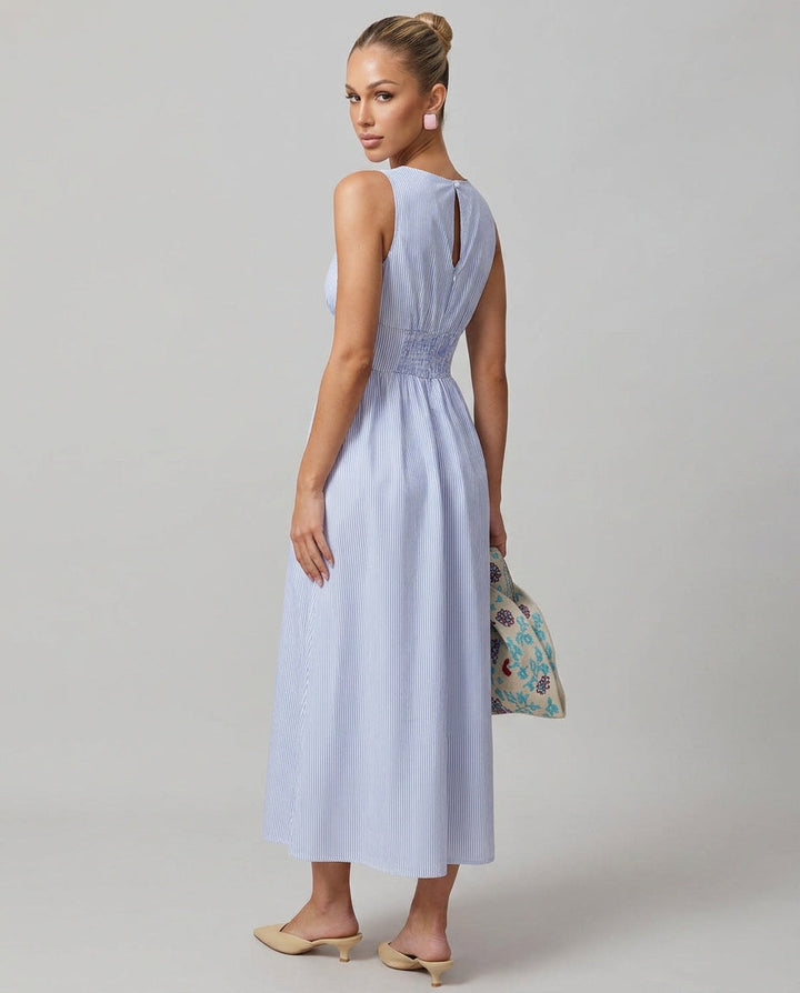 Indira | V-Neck Shirred Striped Maxi Dress