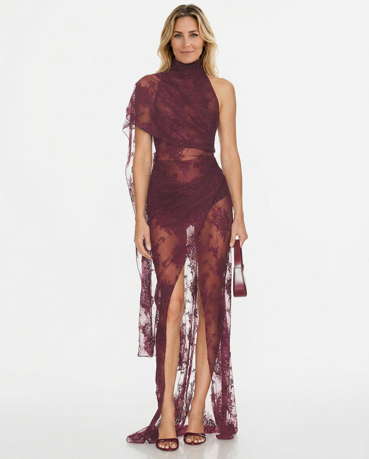 Amara | Lace See-Through Asymmetric Sleeve Maxi Dress