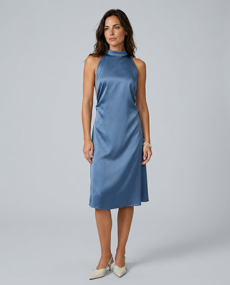 Margot | Halter Neck Satin-Look Midi Dress