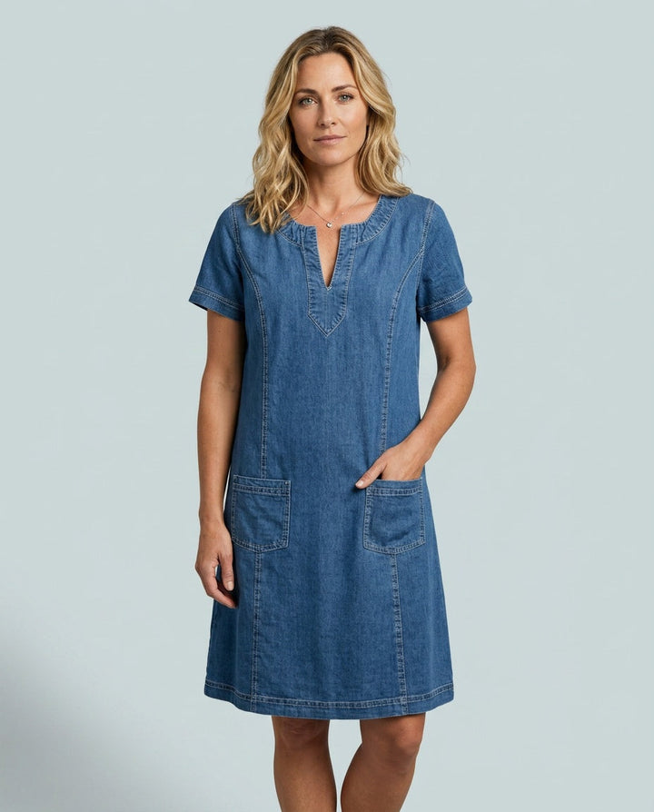 Cora | Notch-Neck Short Sleeve Midi Dress with Patch Pockets