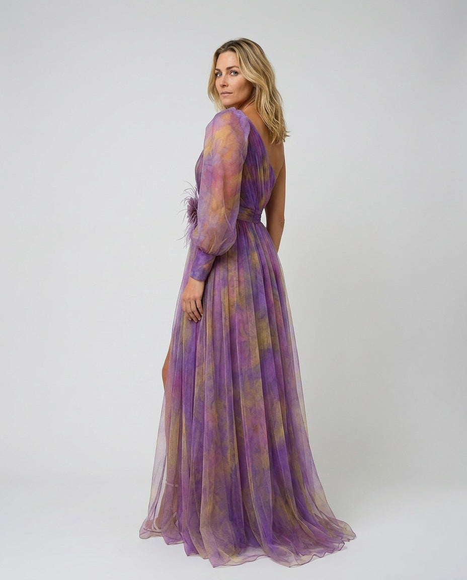 Nevara | Asymmetric Sleeve Maxi Evening Gown