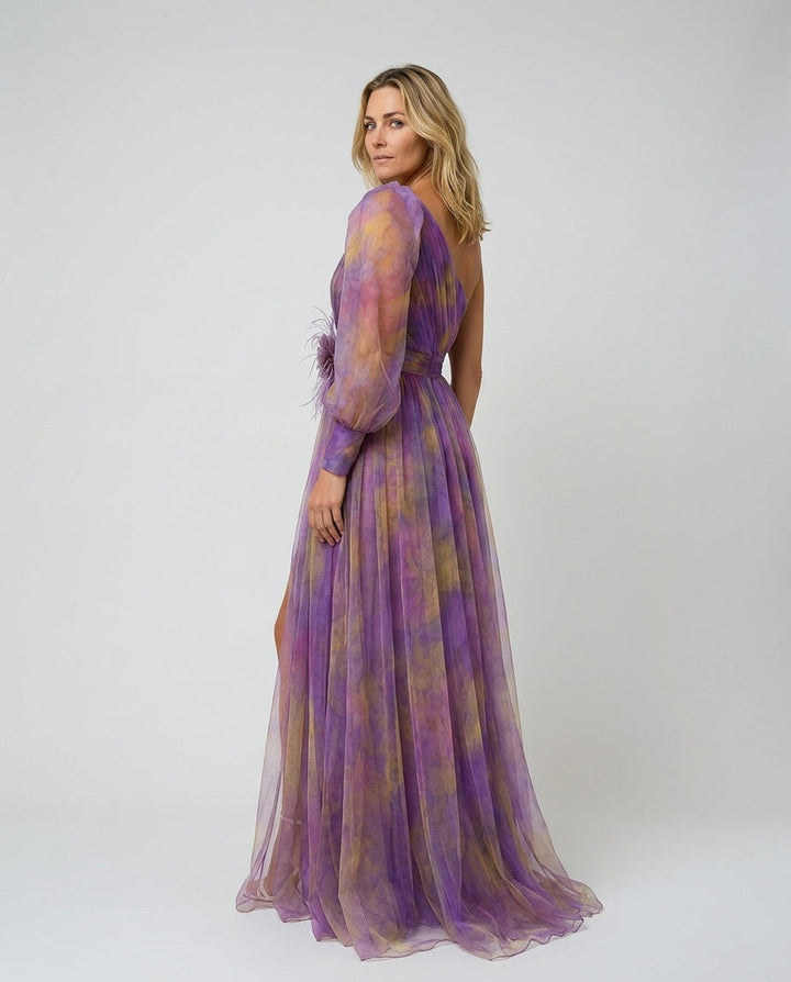 Nevara | Asymmetric Sleeve Maxi Evening Gown