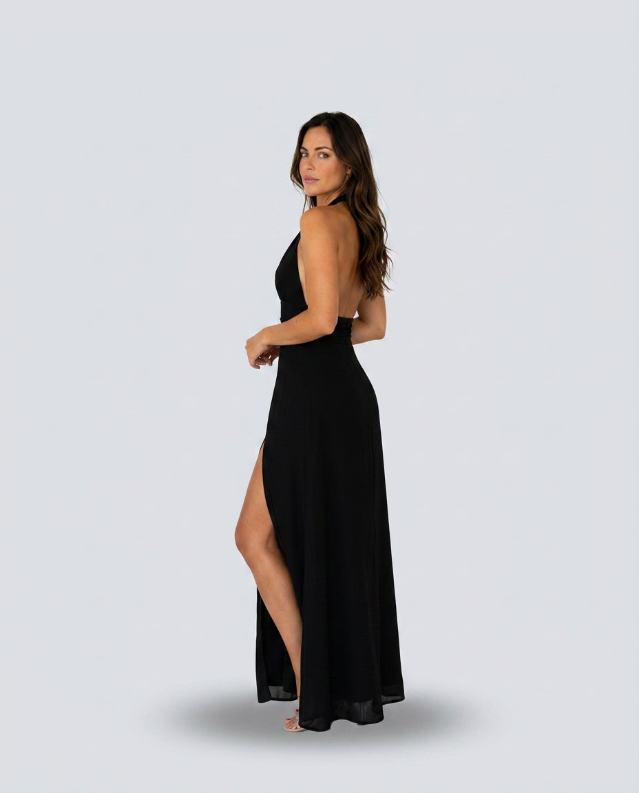 Serène | Halter Neck Leg Slit Wedding Guest Maxi Dress