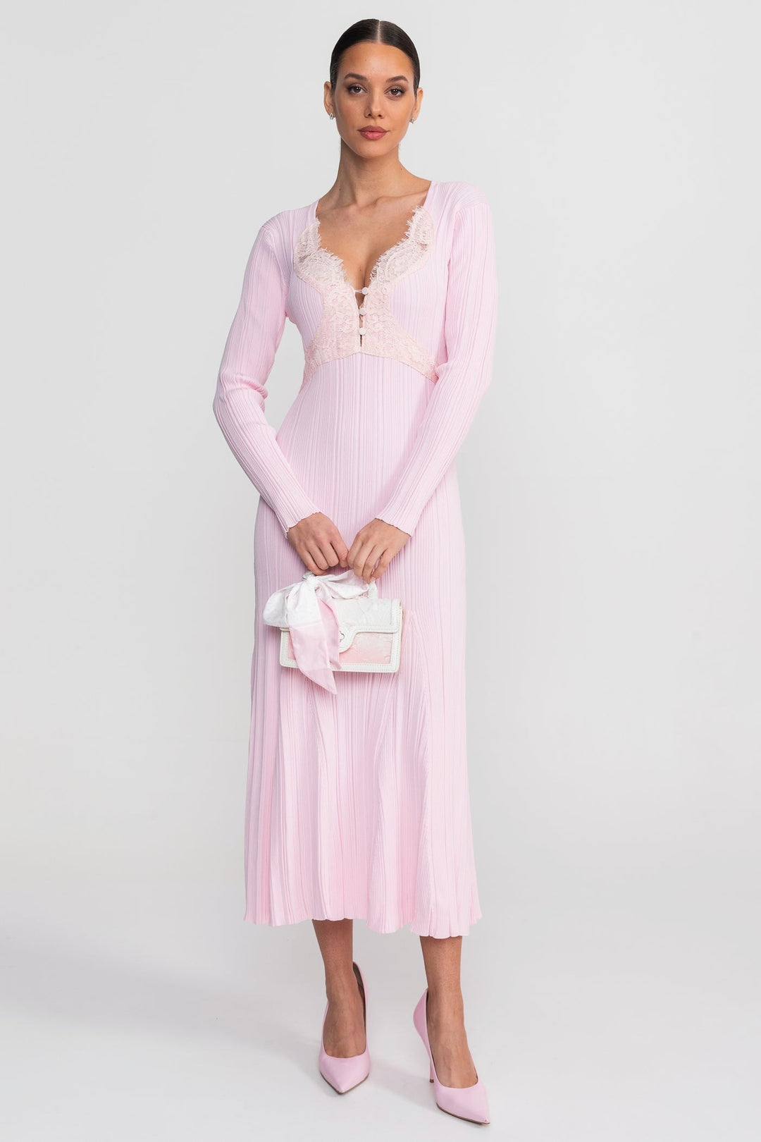 Nina | Ribbed Lace-Trim Long Sleeve Midi Dress