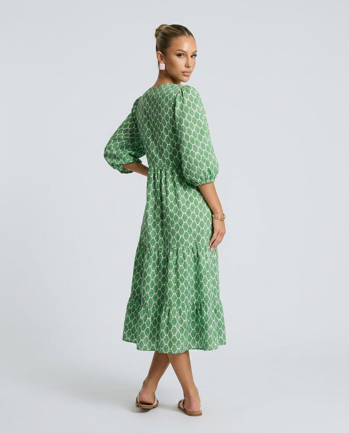 Verity | V-Neck Balloon Sleeve Ruffle Layered Midi Dress