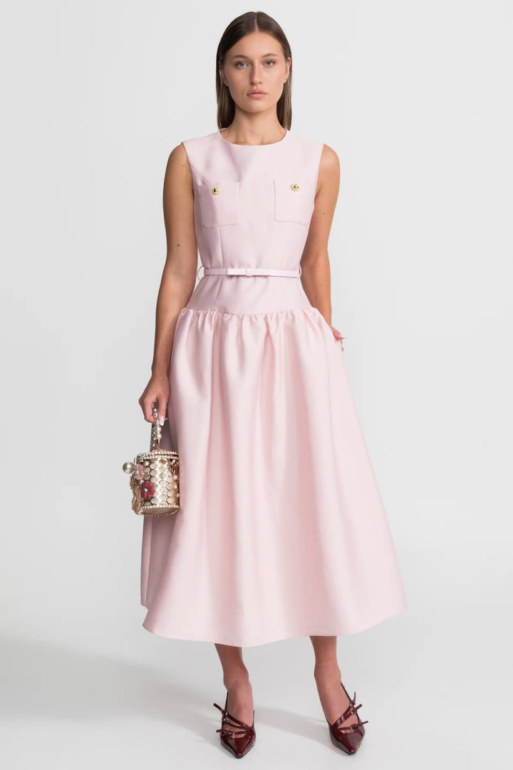 Aria | Belted Sleeveless Midi Dress with Front Pockets