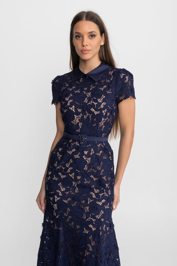 Edith | Collared Lace Belted Midi Dress