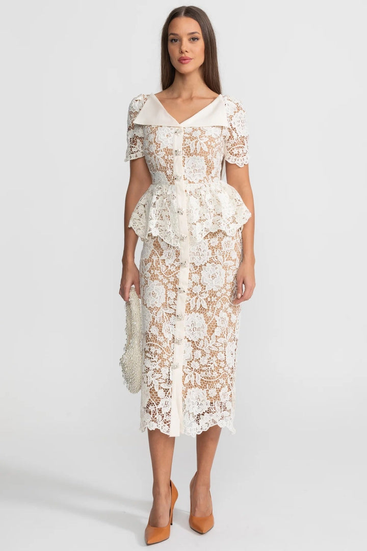 Colette | Lace Peplum Satin Collar Midi Dress