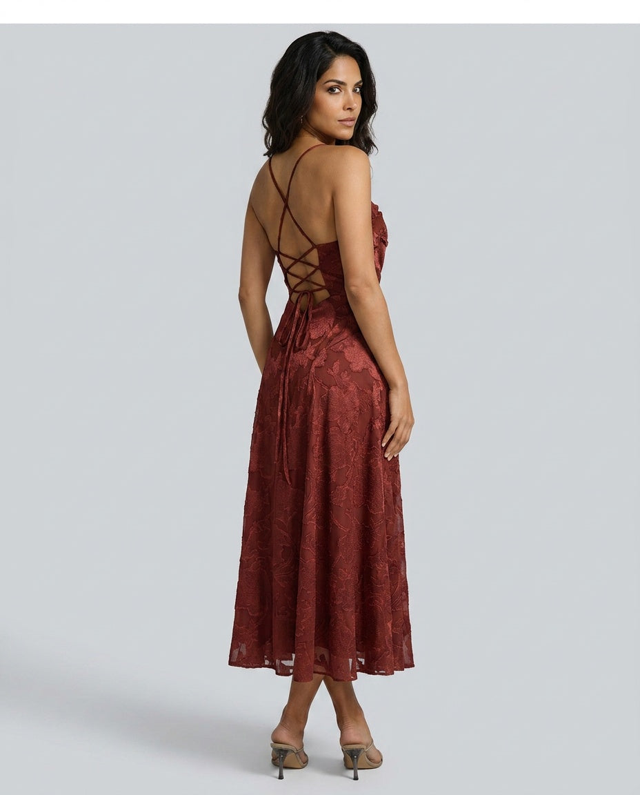 Rosalind | Floral Cross-Back Brick Red Maxi Dress