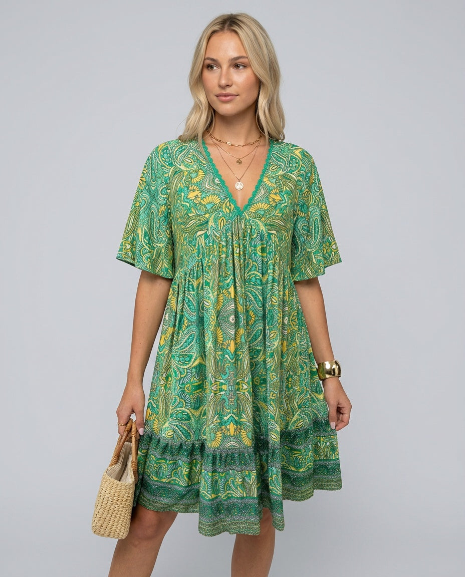 Giselle | V-Neck Flared Sleeve Paisley Mini Dress