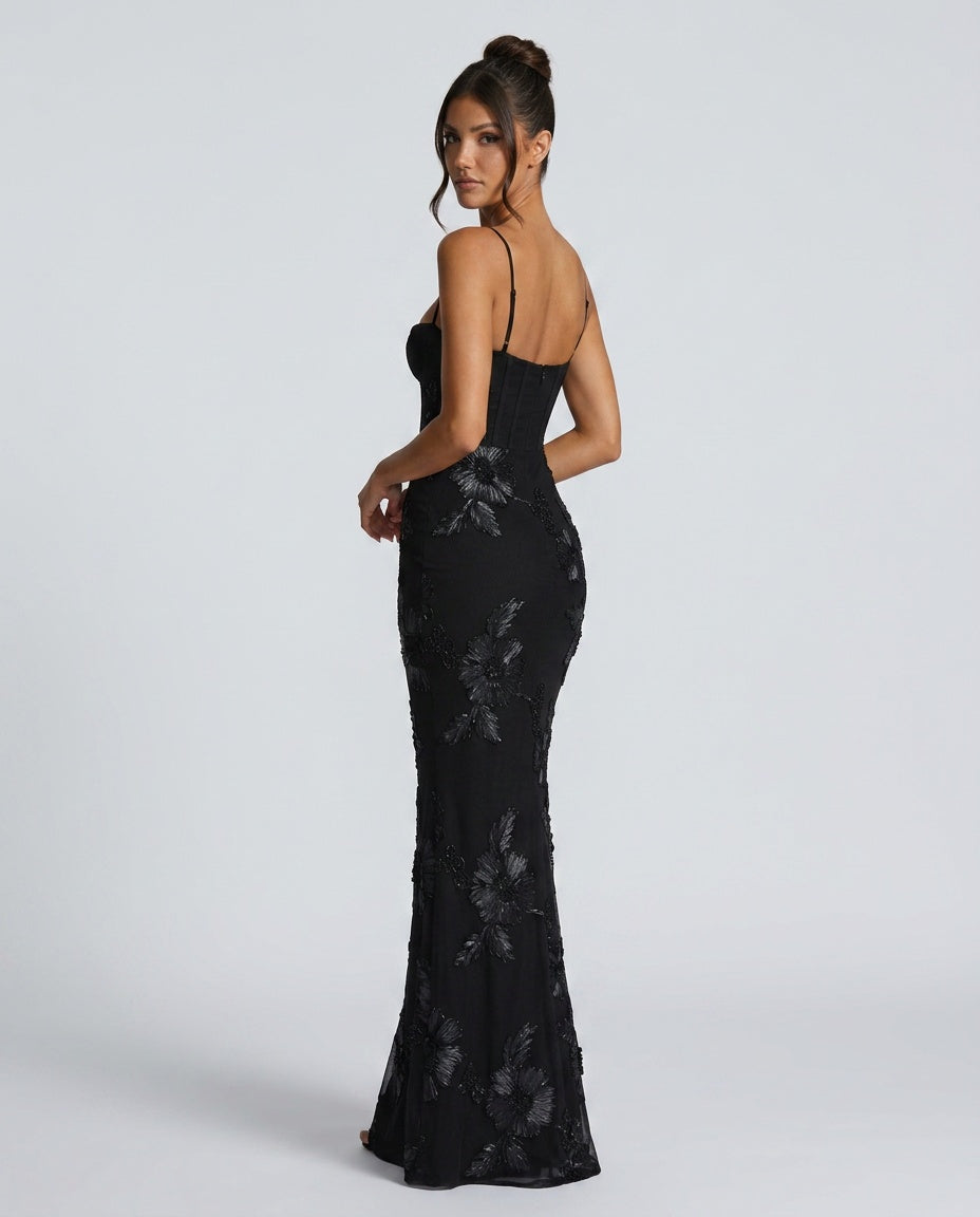 Isolène | Floral Jacquard Corset Maxi Dress
