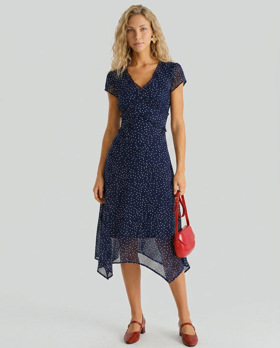 Mabel | Navy Polka Dot Cap Sleeve Midi Dress