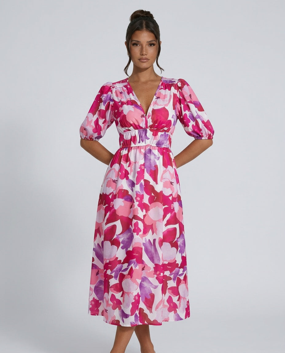 Dahlia | Floral Puff Sleeve Party Midi Dress