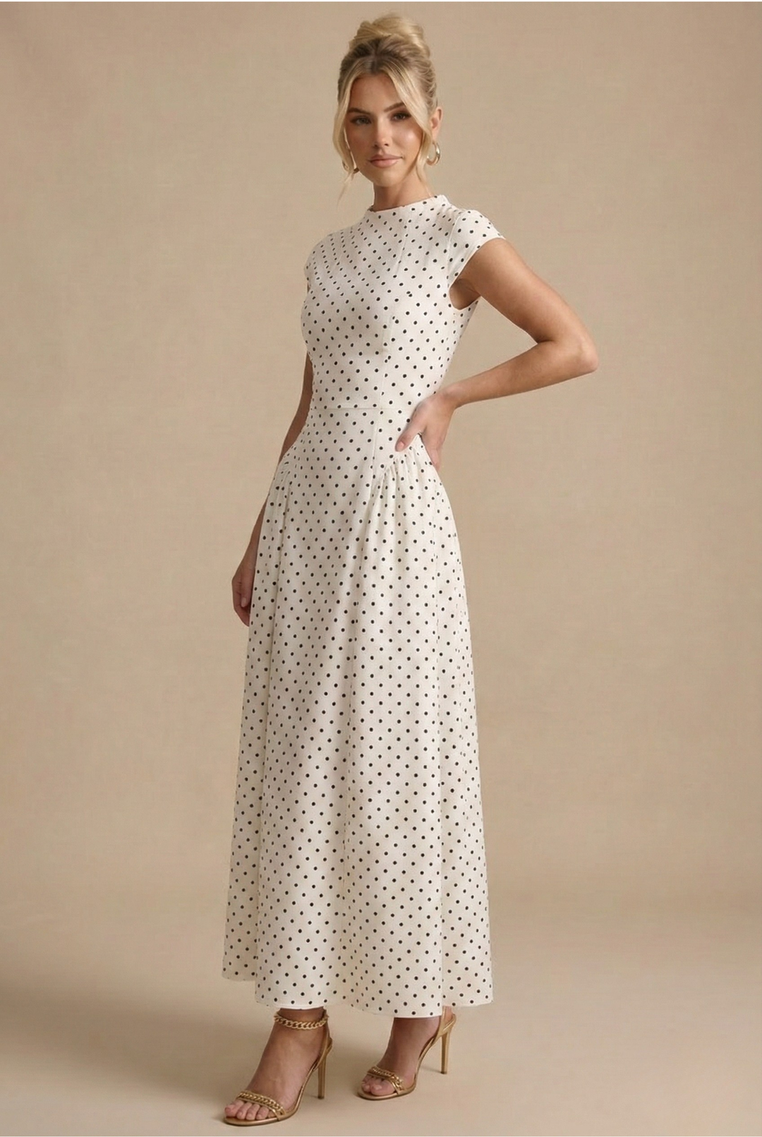 Dotée | Polka Dot High Neck Cap Sleeve Maxi Dress