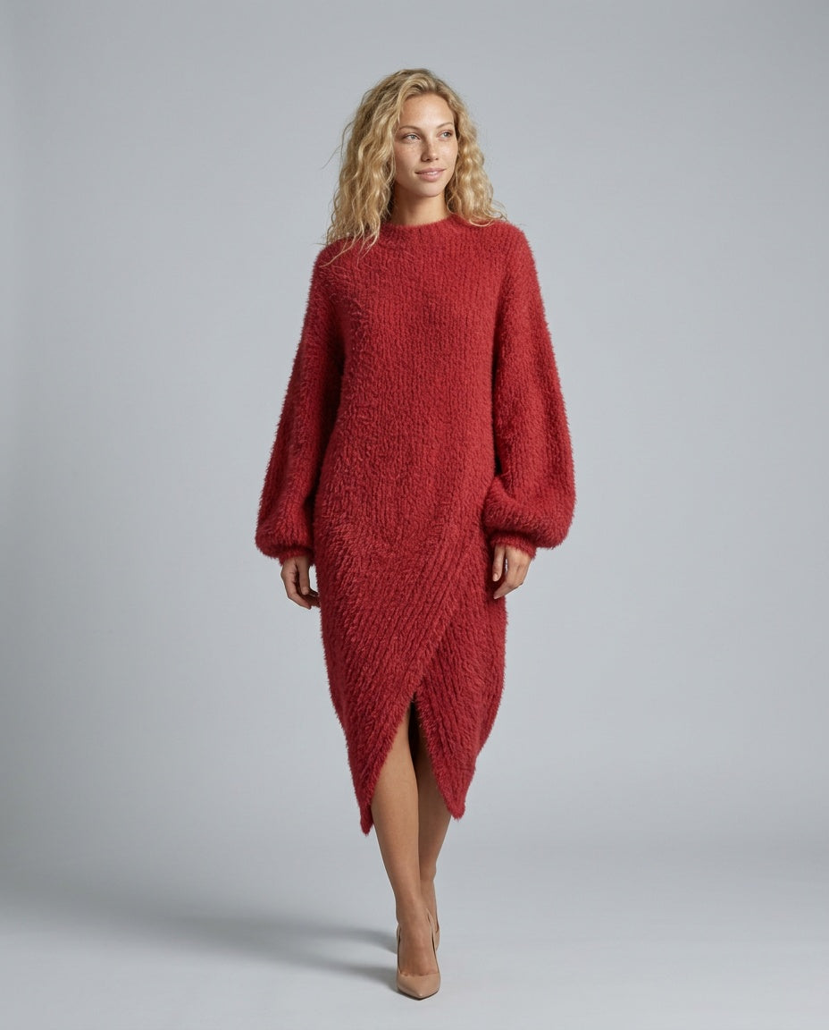 Celeste | Faux Mink Knit Asymmetric Slit Midi