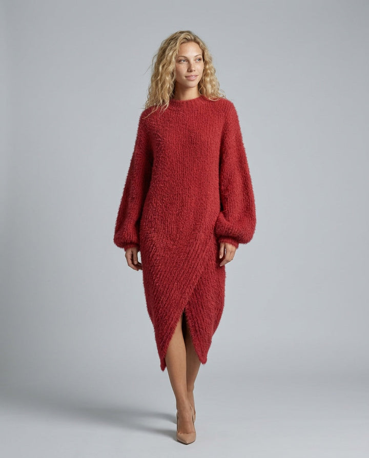 Celeste | Faux Mink Knit Asymmetric Slit Midi