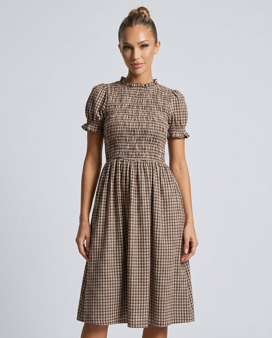 Tatum | Shirred Puffed Sleeve Plaid Midi Dress