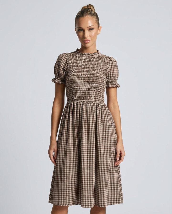 Tatum | Shirred Puffed Sleeve Plaid Midi Dress