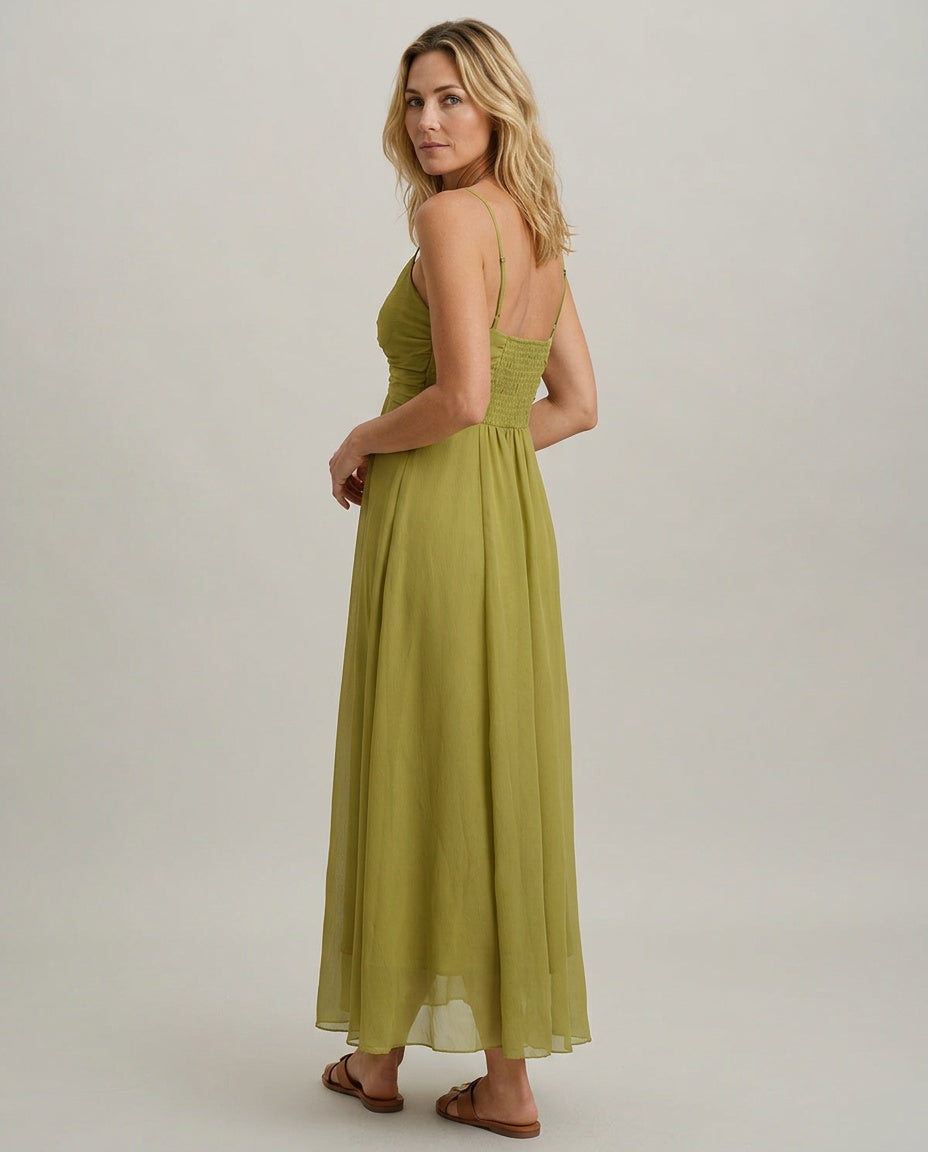 Sage | Ruched Spaghetti Strap Slip Maxi Dress