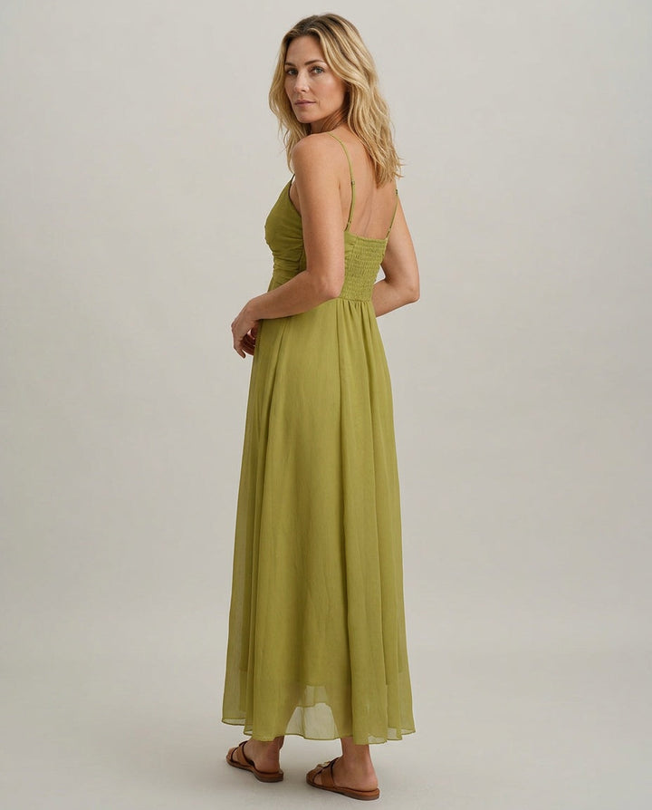 Sage | Ruched Spaghetti Strap Slip Maxi Dress