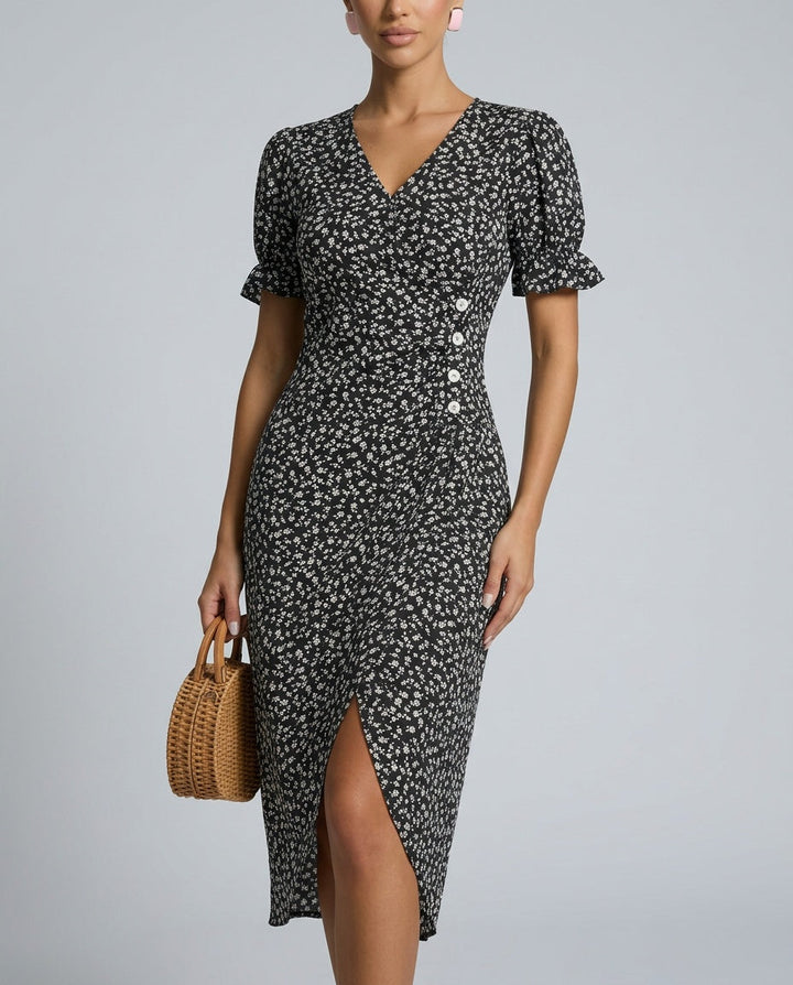 Nina | Floral Ruffle Sleeve Midi Wrap Dress