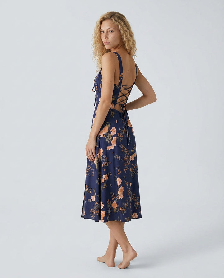 Valentina | Lace-Up Floral Ruched Midi Dress