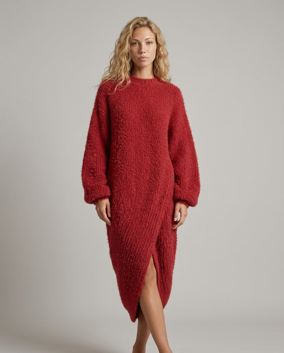 Celeste | Faux Mink Knit Asymmetric Slit Midi