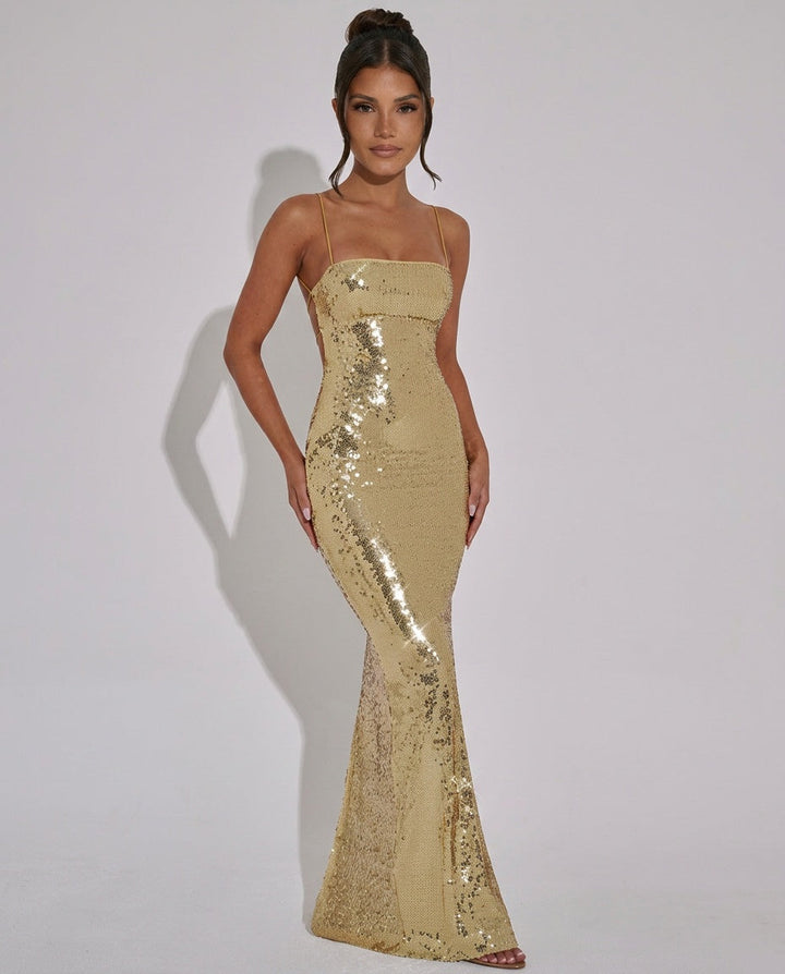 Lila | Sequin Lace-Up Backless Slip Maxi Dress