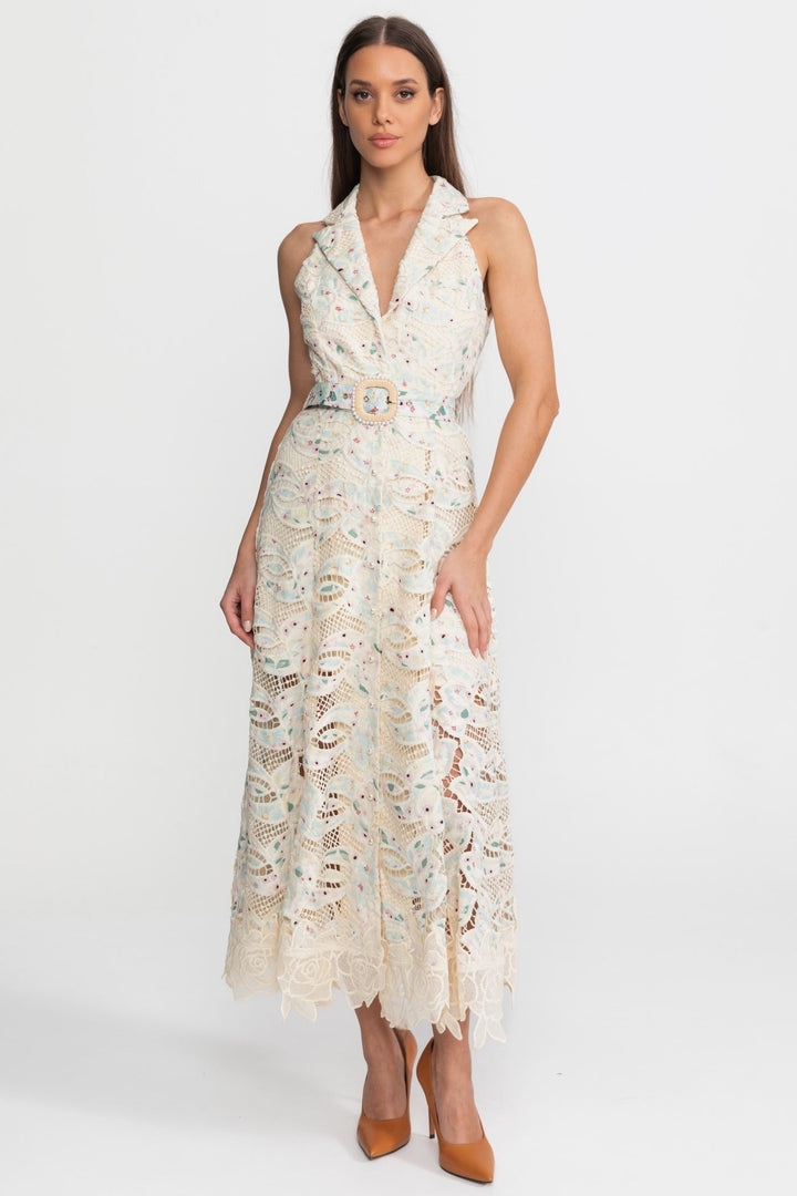 Fleur | Halter Neck Belted Lace Midi Dress