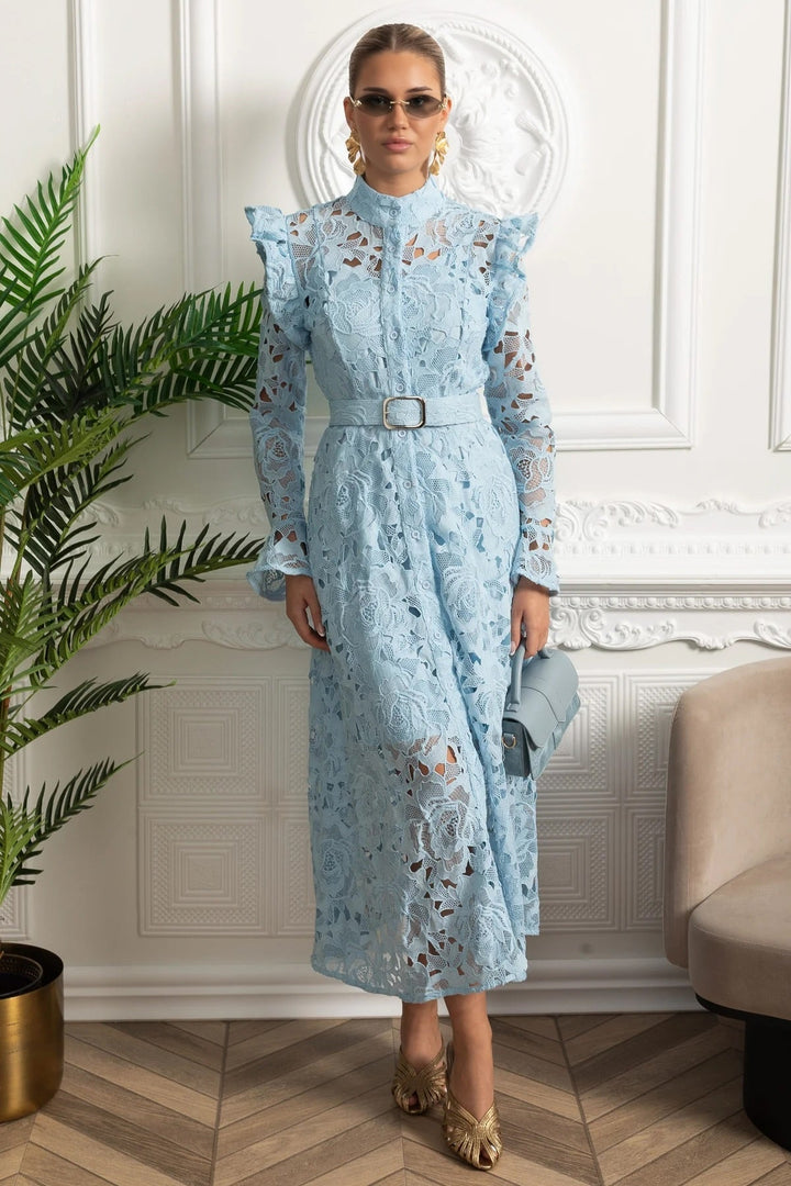 Saskia | Ruffled Shoulder Floral Lace Midi Dress