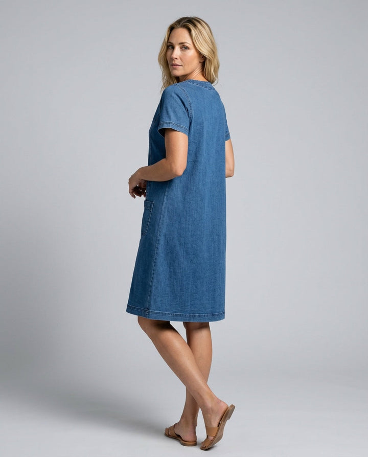 Cora | Notch-Neck Short Sleeve Midi Dress with Patch Pockets