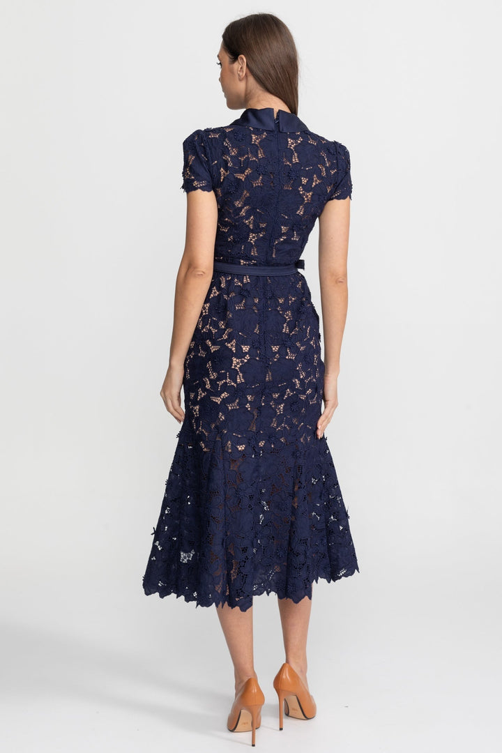 Edith | Collared Lace Belted Midi Dress