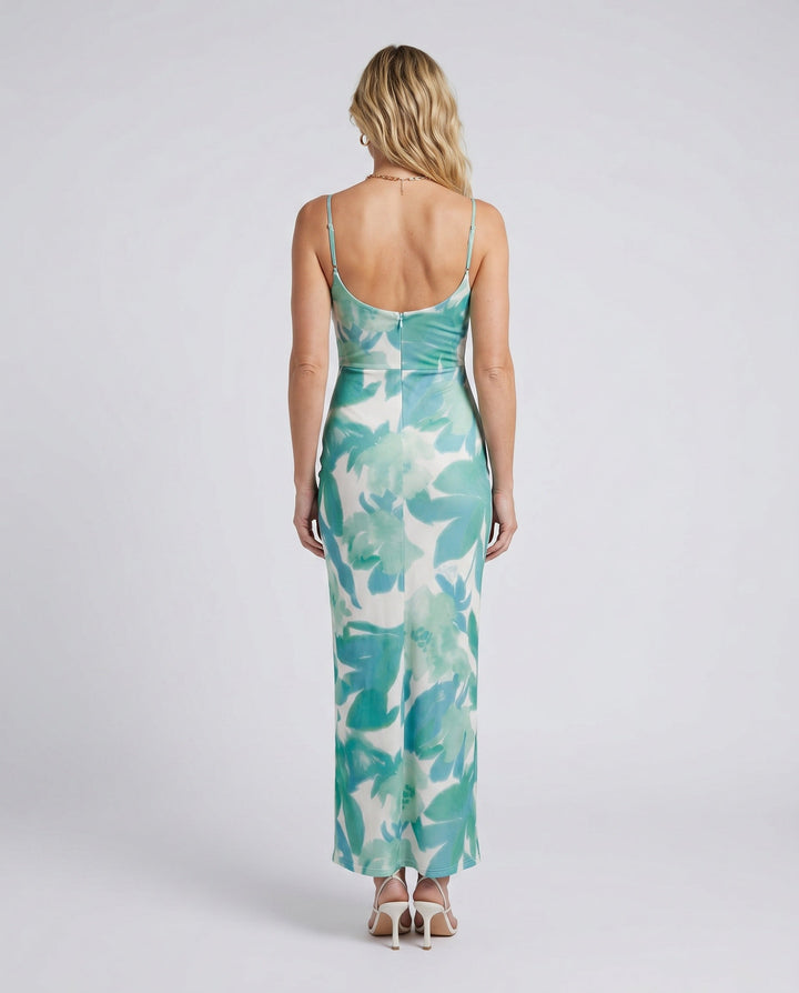 Leona | Spaghetti Strap Lace-Up Abstract Print Maxi Dress