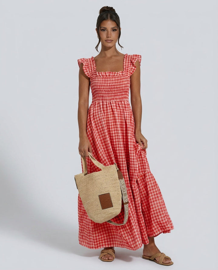 Celeste | Smocked Gingham Ruffle Sleeve Maxi Dress