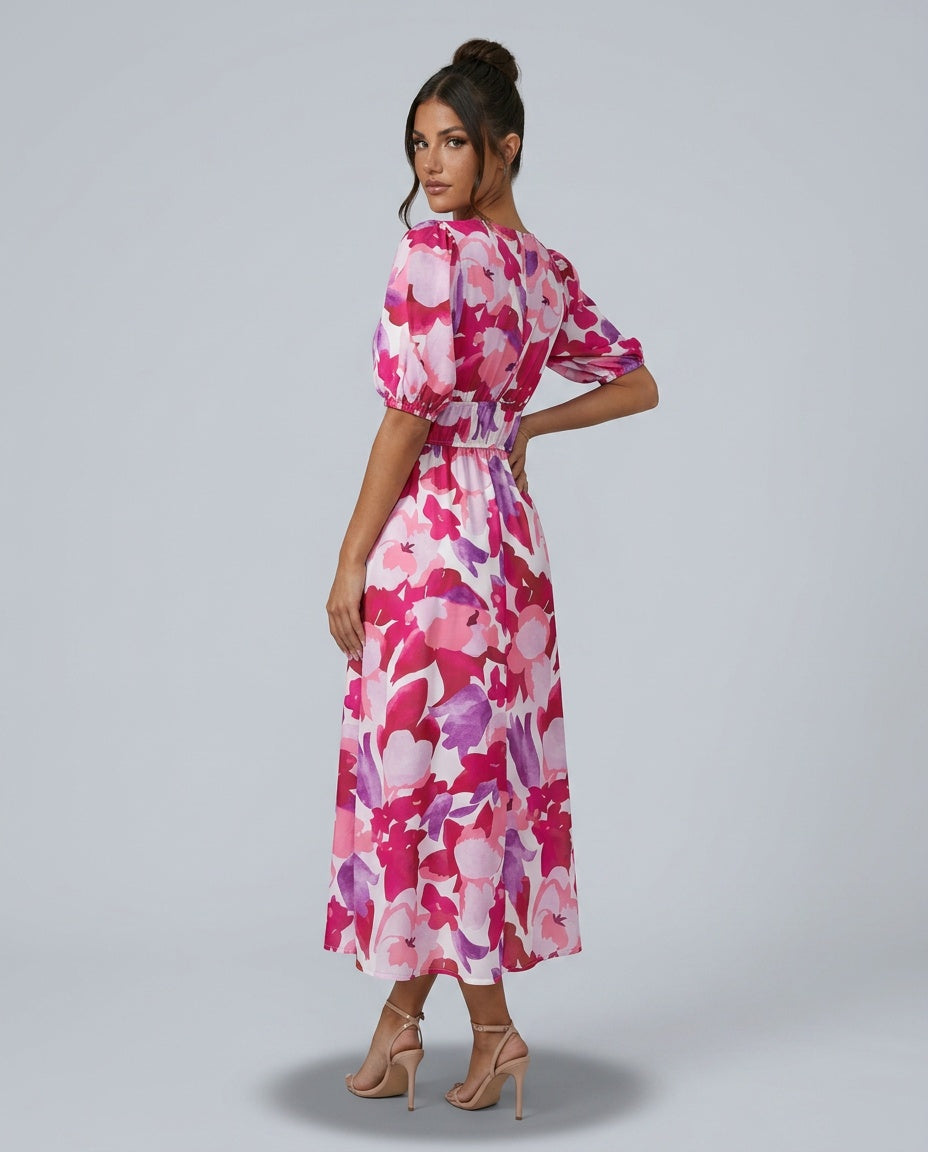 Dahlia | Floral Puff Sleeve Party Midi Dress